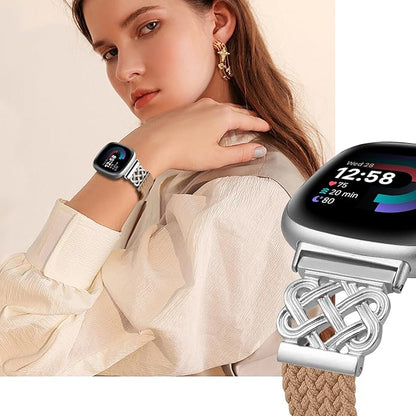 Braided Band Compatible with Fitbit Versa 4 Bands for Woman/Versa 3/Sense 1/Sense 2 Band, Magnetic Clasp Fabric Nylon with Designer Interlock Buckle Straps for Fitbit Versa4/3/Sense1/2