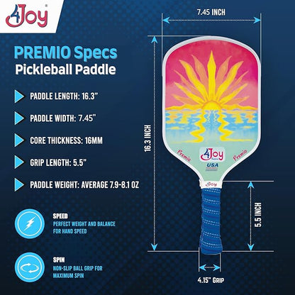 4Joy Pickleball Paddle Premio Series - Thermoformed Premium T700 Carbon Fiber Pickleball Paddless - Professional Pickleball Rackets for Women & Men - 16mm Honeycomb Core - USAP Approved