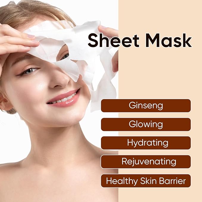 10Pack Sheet Face Masks Skincare for All Skin Types, Moisturizing Hydrating Facial Masks Suitable for Sensitive Skin, Red Ginseng Face Masks for Wrinkles, Fine-Lines, Firmness and Elasticity