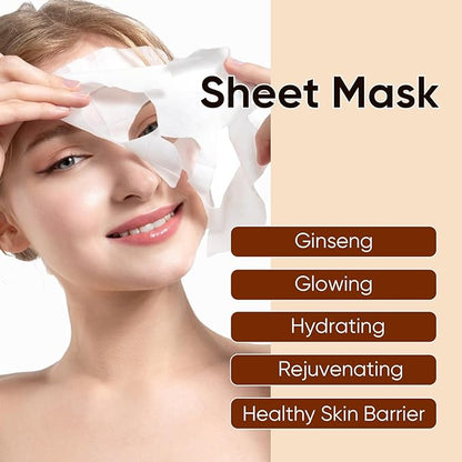 10Pack Sheet Face Masks Skincare for All Skin Types, Moisturizing Hydrating Facial Masks Suitable for Sensitive Skin, Red Ginseng Face Masks for Wrinkles, Fine-Lines, Firmness and Elasticity