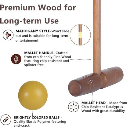 Brown Croquet Set for Adults - 8 Players Croquette Kit with 35In Deluxe, 32In Regulation Size Rubber Wood Mallets, Colored PE Ball, Wickets, End Stakes, Lawn Backyard Game for Families