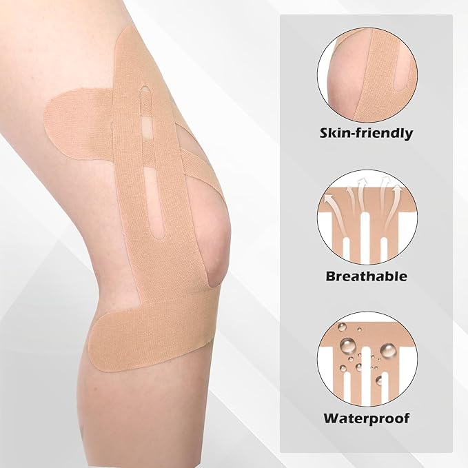12 Pcs Precut Kinesiology Tape for Knees，Knee Tape for Knee Pain Relief Pre Cut，Waterproof, Breathable, Hypoallergenic Athletic Tape for Support and Protection (Rice-White)