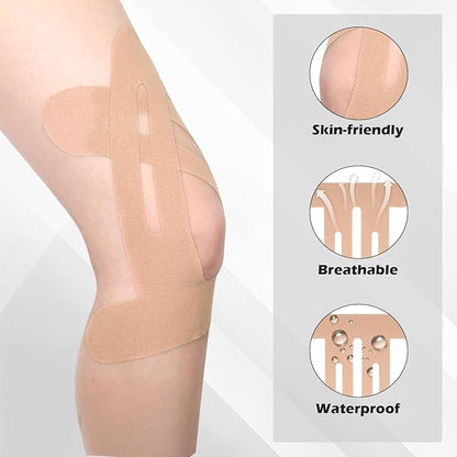 12 Pcs Precut Kinesiology Tape for Knees，Knee Tape for Knee Pain Relief Pre Cut，Waterproof, Breathable, Hypoallergenic Athletic Tape for Support and Protection (Rice-White)