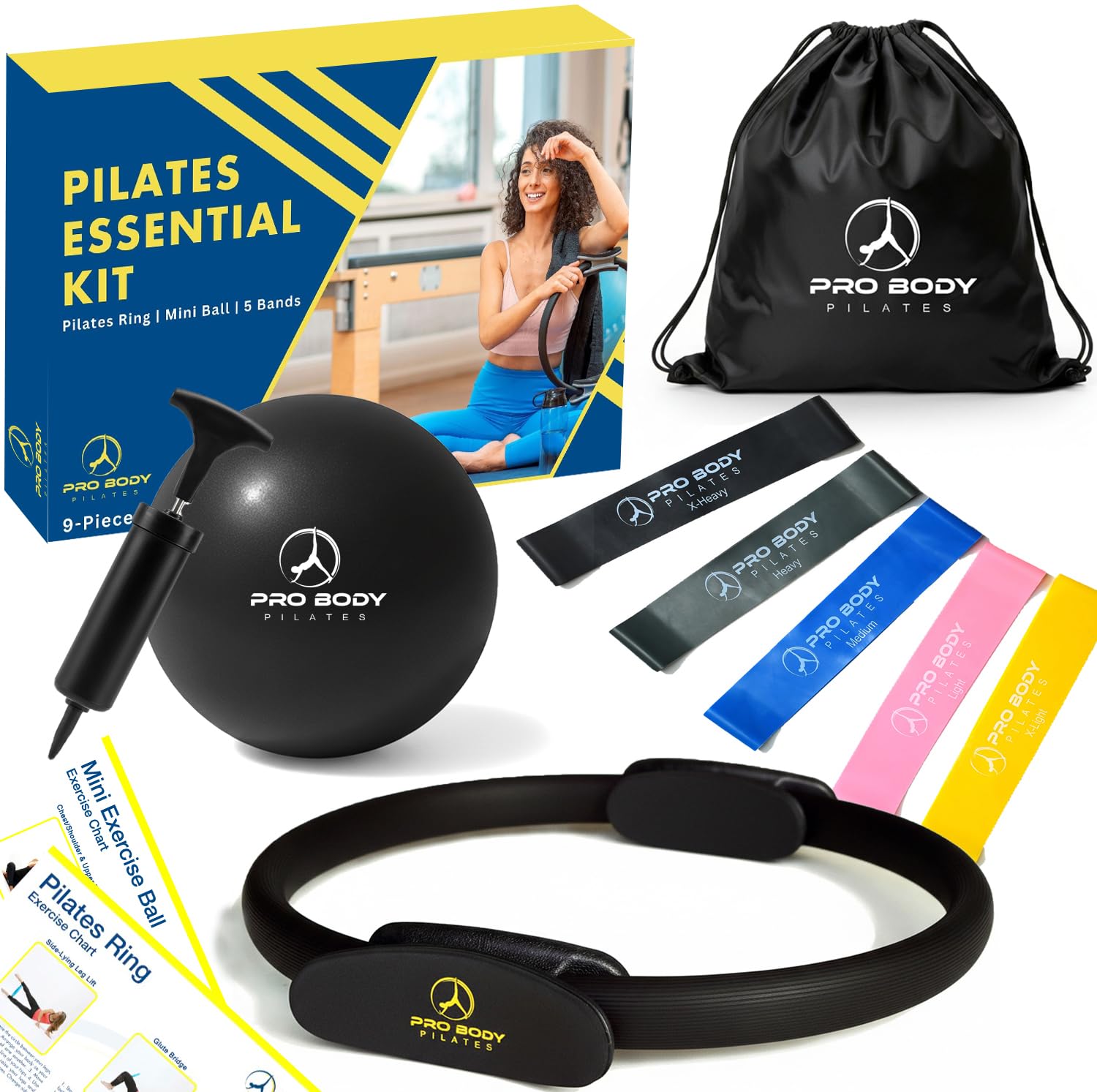 ProBody Pilates Kit — 14 Inch Ring, 9 Inch Ball, 4 Bands & Pump (Black)