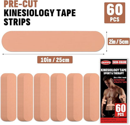 60PCS Precut Kinesiology Tape Strips, 2 inch x 10 inch Athletic Tape, Kinetic Tape, Elastic Muscle Tape, Sports Tape, Knee Tape for Exercise and Daily Use - Skin Color