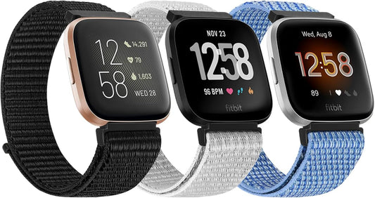 Tiptops 3 Pack Bands Compatible with Fitbit Versa 2/Fitbit Versa/Versa Lite/Versa SE for Women Men, Soft Nylon Sports Loop Replacement Wristband for Fitbit Versa 2 Straps