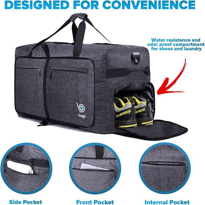 Bago Large Foldable Duffel Bags for Traveling Women & Men - 120L Packable Duffle Bag for Travel with Shoe Compartment - Water Repellant, Heavy Duty, Lightweight Folding & Collapsible (SnowBlack)