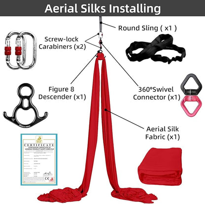 PRIOR FITNESS Aerial Silks Set, Professional Thicker Low Stretch Fabric 9/15/20 Yards Aerial Silk Swing Set with Hardware Guide, Yoga Starter Kit For Home, Aerial Yoga Hammock, Silks for Gymnastics, Antigravity Yoga, Inversion Exercise-All Levels