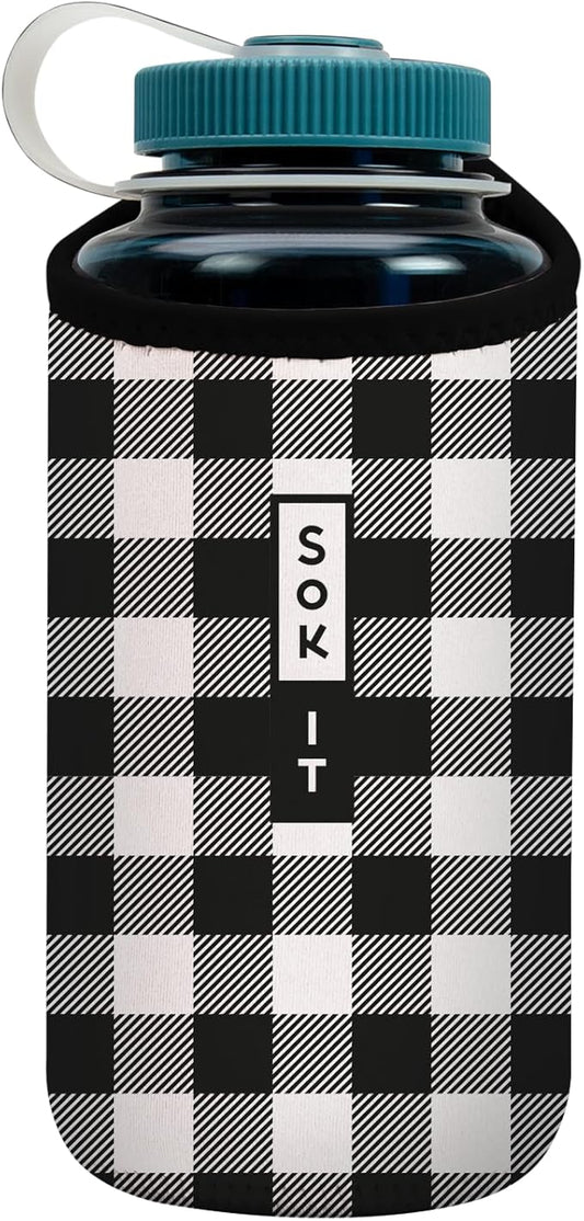 Sok It BotlSok Water Bottle Sleeve Insulated Neoprene Cover (B&W Buffalo Check, Fits 32oz Nalgene)
