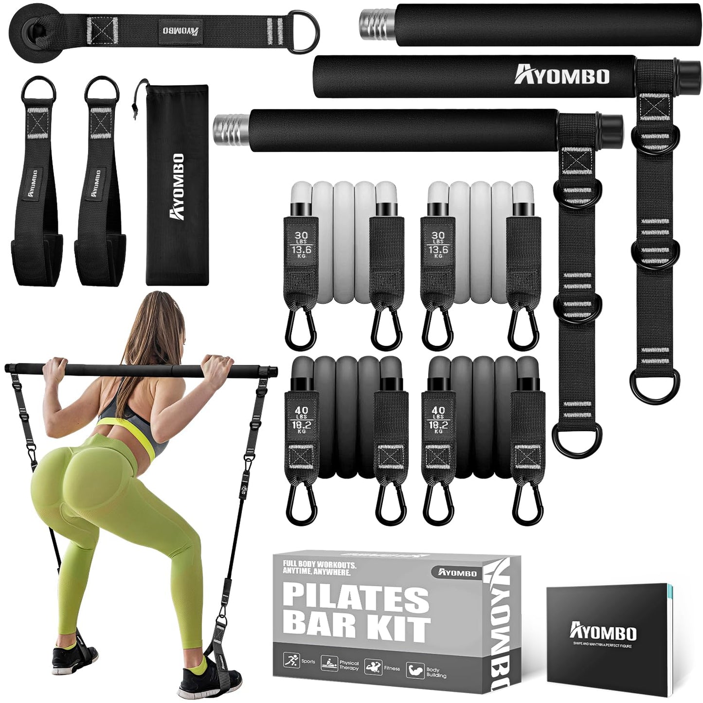 Ayombo Pilates Bar, Multifunctional Pilates Bar Kit with Resistance Bands, Adjustable Fitness