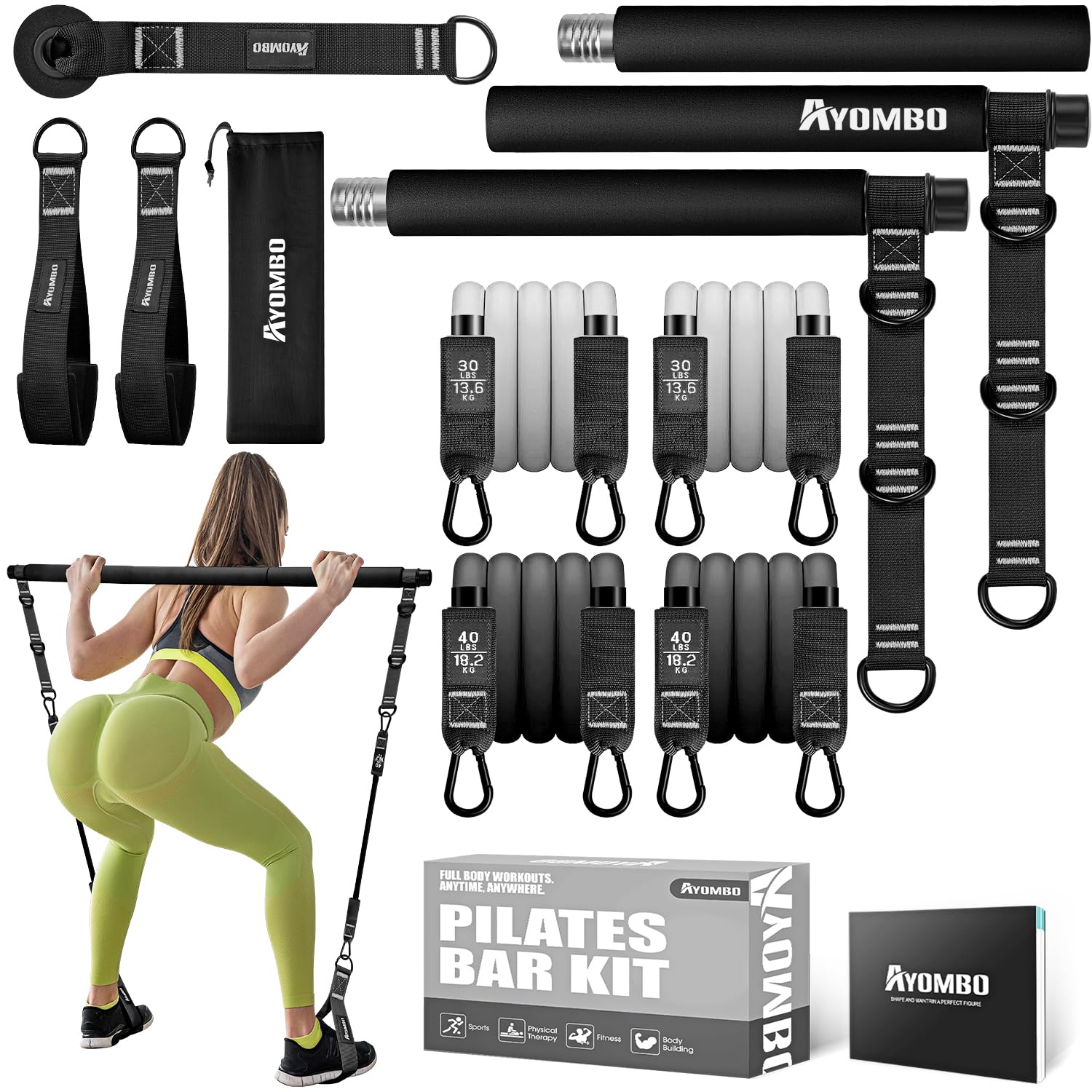 Ayombo Pilates Bar, Multifunctional Pilates Bar Kit with Resistance Bands, Adjustable Fitness