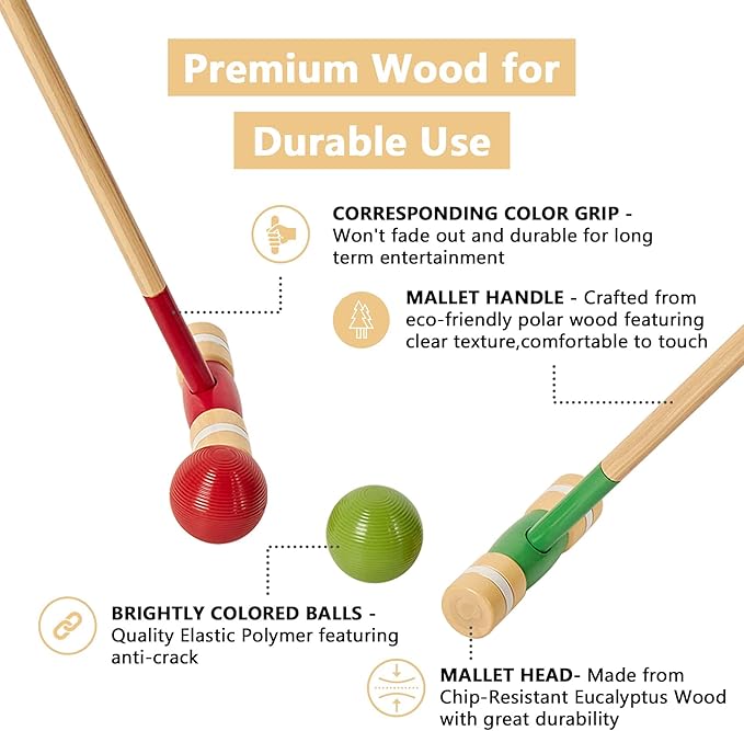 8 Players Croquet Set with 32In Regulation | 28In Standard Size Rubber Wood Mallets, Colored PE Ball, Wickets, 21In End Stakes - Lawn Backyard Game Kit for Teens/Adults/Family