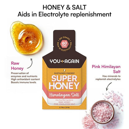 You Again Super Honey Clean Energy Gel, Honey & Himalayan Salt | Electrolyte Replenishment Running Fuel | Endurance Workouts & Cycling Gel | Paleo & Carnivore Snack | Gluten-Free | USA Made | 24-Pack