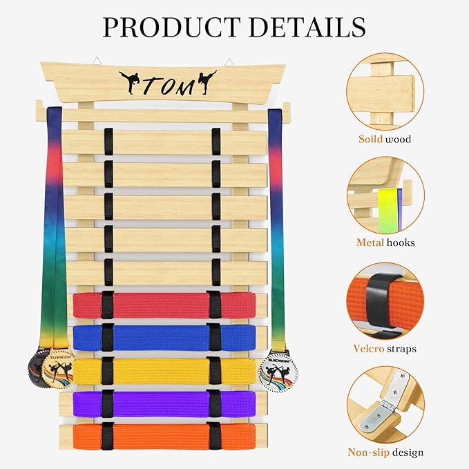 10 Belts Karate Belt Display Rack with Stickers, Taekwondo Belt Display, Martial Arts Belt Display Holder, Jiu Jitsu BJJ Belt Display Hanging Holder for Kids and Adults Gifts