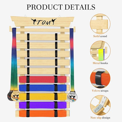 10 Belts Karate Belt Display Rack with Stickers, Taekwondo Belt Display, Martial Arts Belt Display Holder, Jiu Jitsu BJJ Belt Display Hanging Holder for Kids and Adults Gifts