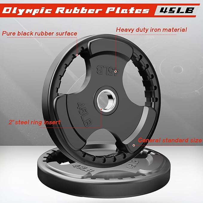 RitFit Olympic Rubber Grip Plates for Barbell, 2-Inch Weight Plates for Weightlifting and Strength Training in Home & Gym, Single, Pair and Sets(2.5/5/10/25/35/45 LB)