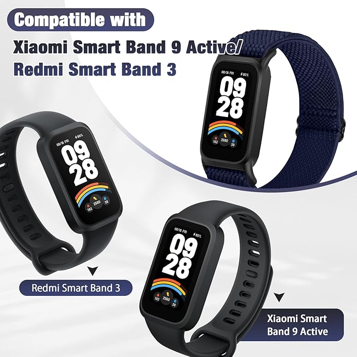2 Pack Elastic Bands Compatible with Xiaomi Smart Band 9 Active Women Men, Soft Nylon Replacement Sport Wriststrap for Redmi Band 3