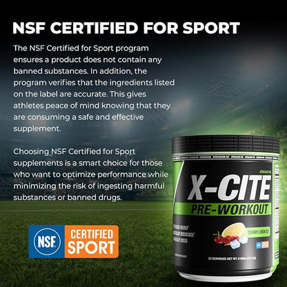 X-CITE Pre-Workout by ATHLEAN-X - Enhanced Formula with Beta-Alanine, Creatine & Caffeine for Ultimate Energy, Endurance, Focus & Muscle Pump, NSF Certified for Sports (22 Servings, Cherry Lemon Ice)
