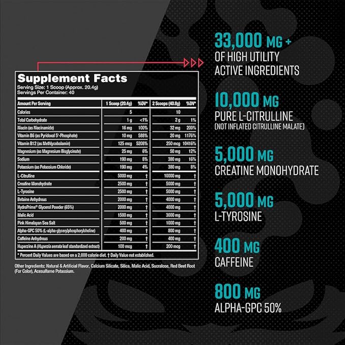 Gorilla Mind Pre Workout - Massive Pumps Laser Focus Energy Power - L-Citrulline, Creatine, L-Tyrosine, Betaine, Hydroprime, Alpha-GPC, 400mg Caffeine, Huperzine A - 816g (Fruit Punch)