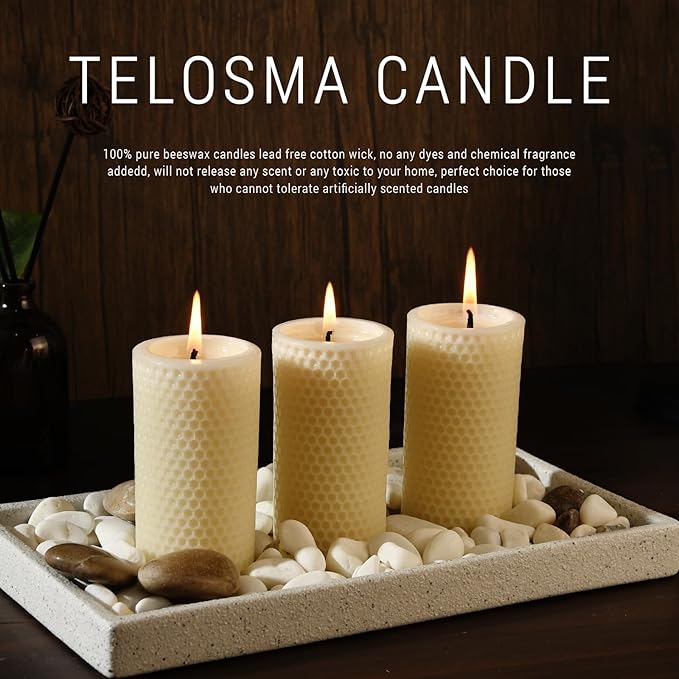Pure Natural Beeswax Pillar Candles Bulk - Pack of 6 - Honeycomb Surface, No Scent- for Emergency/Prayer/Relax (2inch Diameter, 4 inch Tall - Off White)