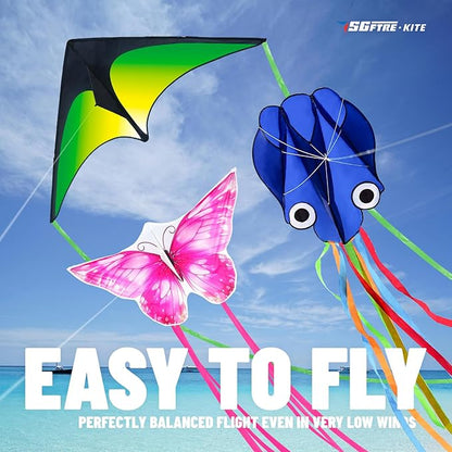 3 Piece Set Butterfly Delta and Octopus Kites for Boys and Girls, Beach Kites for Family Outdoor Games & Activities (Gradient Grassland Green+Octopus Blue+Pink Dreamy Butterfly, 3)