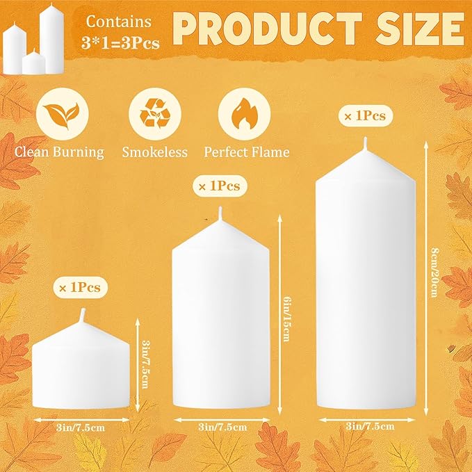 White Pillar Candles Bulk Set of 3,3 Different Lengths 3 x 3/6/8 Inch,Hurricane Candles,Dripless Unscented Smokeless,Gives You a Better Atmosphere When Organizing an Event Party.