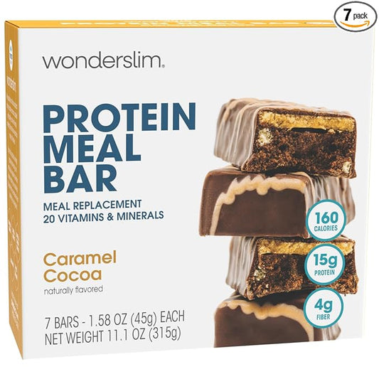 WonderSlim Meal Replacement Protein Bar, Caramel Cocoa, 15g Protein, 20 Vitamins & Minerals, Gluten