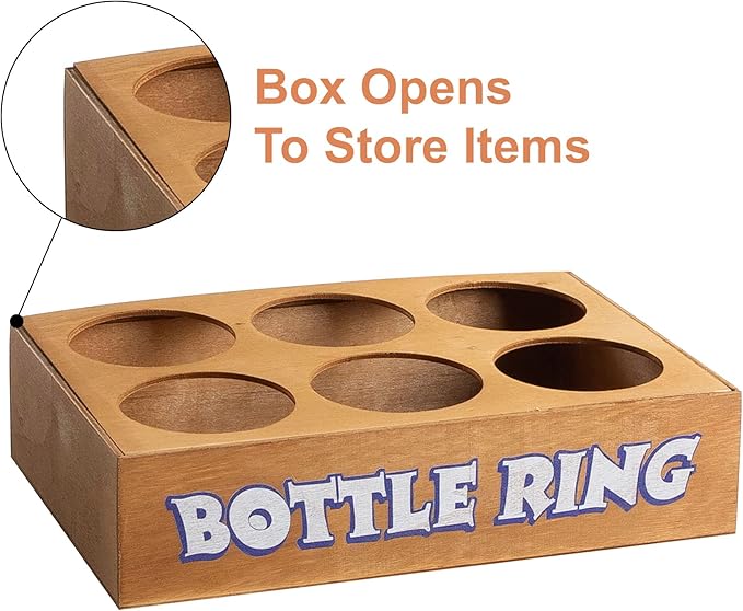 Ring Toss Bottle Carnival Game, 6 Plastic Bottles Targets and 24 Throw Rings, and a Wooden Base Box, Great for all Occasions and Events, Summer Backyard Fun, Holidays, Beach, Party Activities