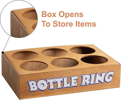 Ring Toss Bottle Carnival Game, 6 Plastic Bottles Targets and 24 Throw Rings, and a Wooden Base Box, Great for all Occasions and Events, Summer Backyard Fun, Holidays, Beach, Party Activities