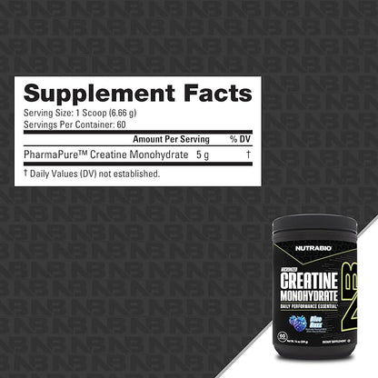 NutraBio Pure Micronized Creatine Monohydrate Powder Supplement, Blue Razz Burst(300 g) - Supports Bulk Muscle Energy, Recovery, and Strength - HPLC Tested Creatine Powder Supplement for Men and Women