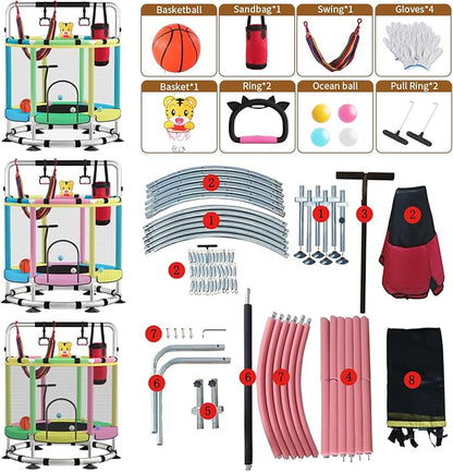 Trampoline for Kids, Adjustable Baby Toddler Trampoline with Basketball Hoop, Round Bottom Indoor Outdoor Toddler with Enclosure