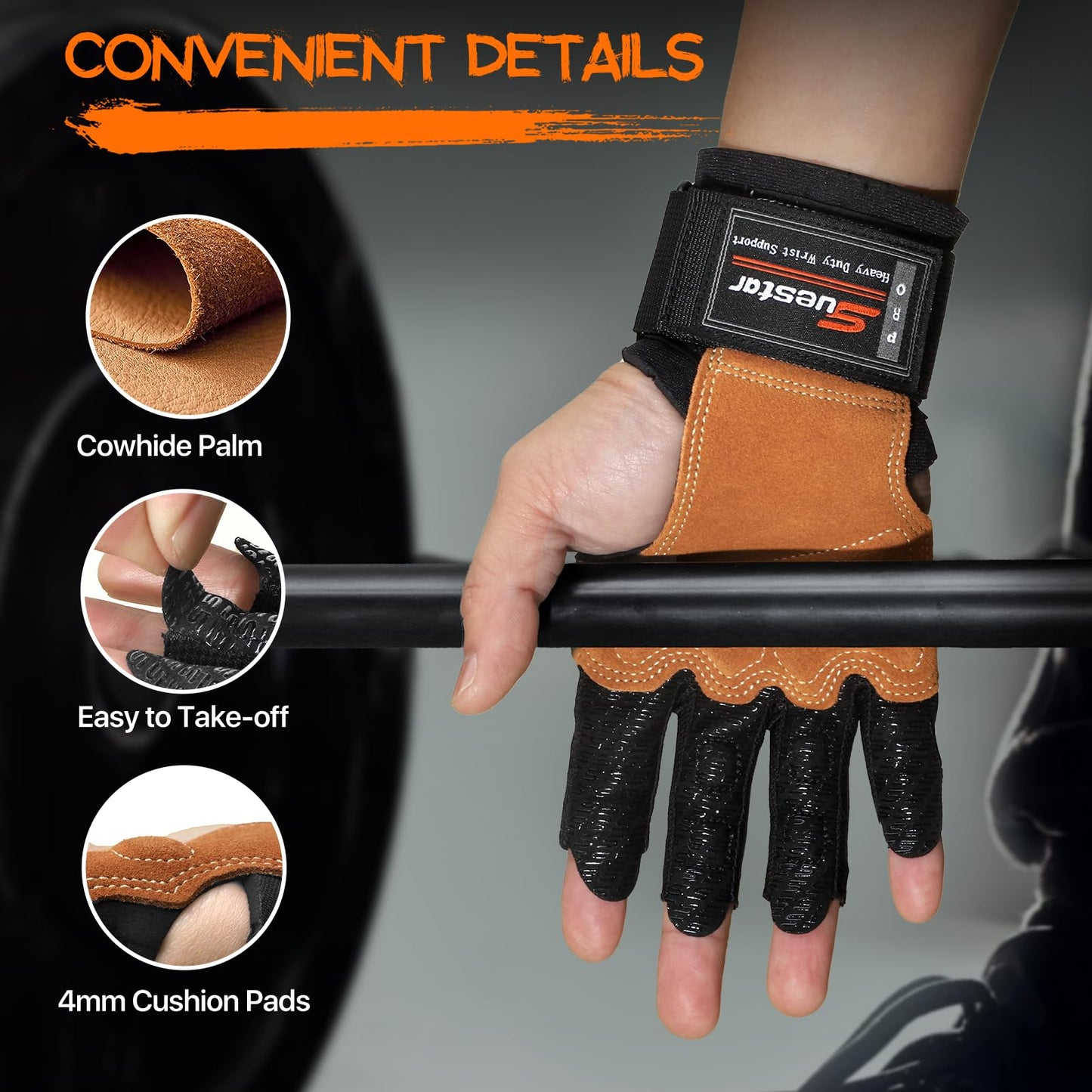 SueStar Heavy Duty Cowhide Padded Weight Lifting Gloves with Wrist Support, Full Palm Protection &