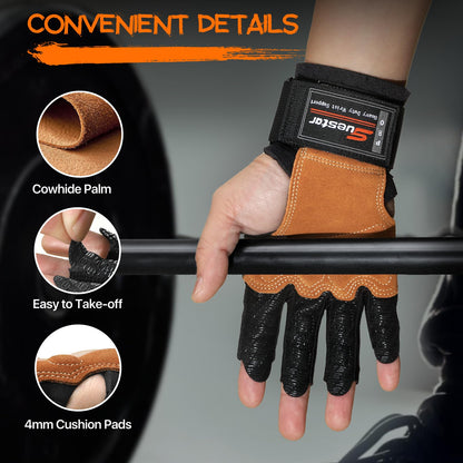 SueStar Heavy Duty Cowhide Padded Weight Lifting Gloves with Wrist Support, Full Palm Protection &