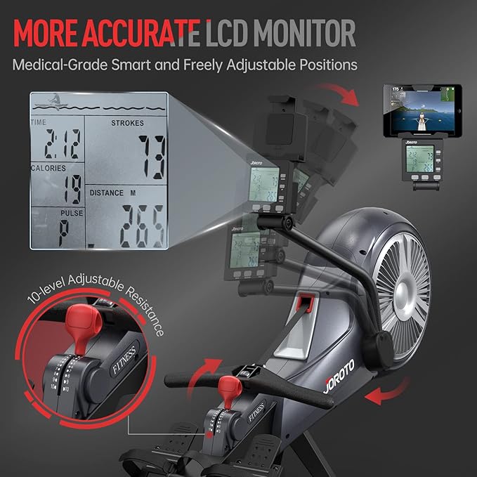 JOROTO Rowing Machine for Home Foldable, Air Magnetic Rowing Machines with 10-Level Adjustable Resistance, Quiet Ergonomic Seat，Bluetooth App, Max 350LBS, Space-Saving Home Gym, Gray