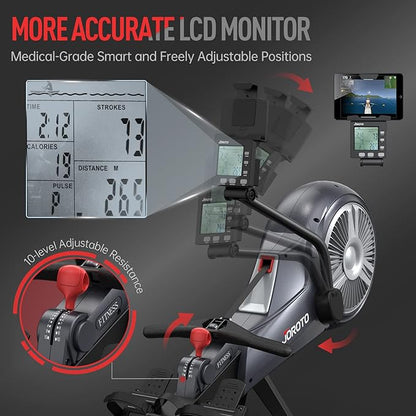 JOROTO Rowing Machine for Home Foldable, Air Magnetic Rowing Machines with 10-Level Adjustable Resistance, Quiet Ergonomic Seat，Bluetooth App, Max 350LBS, Space-Saving Home Gym, Gray