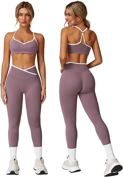 ABOCIW Workout Sets for Women 2 Piece Color Block Strappy Sports Bra High Waist Leggings Gym Yoga Pilates Outfits
