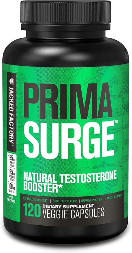 Jacked Factory Testosterone Booster for Men PRIMASURGE - w/Tongkat Ali, PrimaVie, Ashwagandha - Boost Vitality, Muscle Growth & Energy | Natural Test Booster Supplement - 120 Veggie Pills