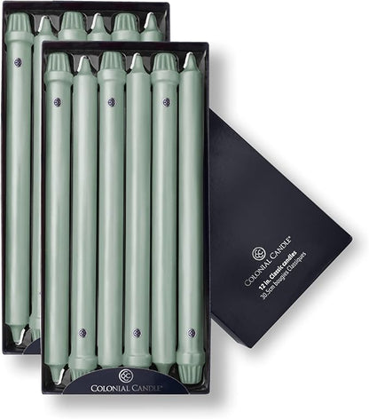 Colonial Candle Unscented Taper Candle, Classic Collection, Colonial Classic Green, 12 In, Pack of 12 - Up to 10 Hours Burn