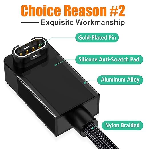 AGVEE 2 Pack 3.3ft Charger for Garmin Watch, L-Shape Zero Gap Charging Cable for Fenix, Forerunner, Vivoactive, Instinct, Venu, Tactix, Approach, D2, Quatix Series, Right Angle Braided, Black