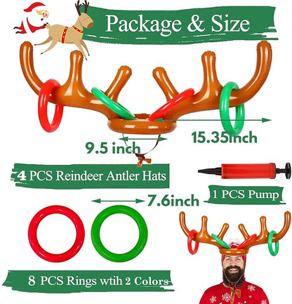 4 Pack Inflatable Reindeer Antler Ring Toss Game (4 Antlers 16 Rings) Reindeer Antler Hat Ring Toss for Xmas Party 2023 Great Christmas Games for Families