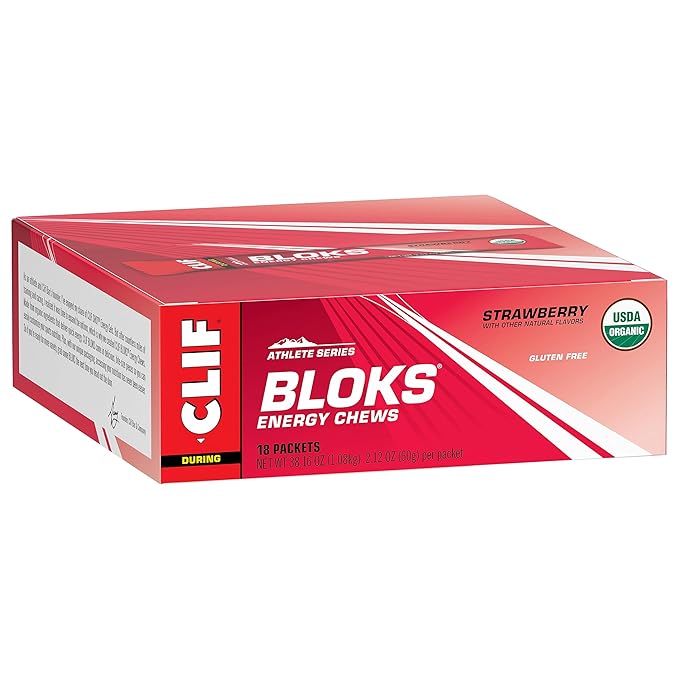 CLIF BLOKS - Strawberry Flavor - Energy Chews - Non-GMO - Plant Based - Fast Fuel for Cycling and Running - Quick Carbohydrates and Electrolytes - 2.12 oz. (18 Count)