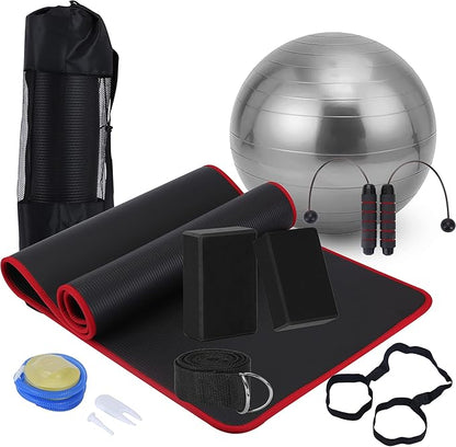 Yoga Mat Set for Beginners,Yoga Mat with Carrying Strap,Yoga Blocks 2 Pack with Yoga Strap,Yoga Ball,Ankle Puller,11-Piece Yoga Kits and Sets for Beginners,Yoga Starter Kit for Women Men