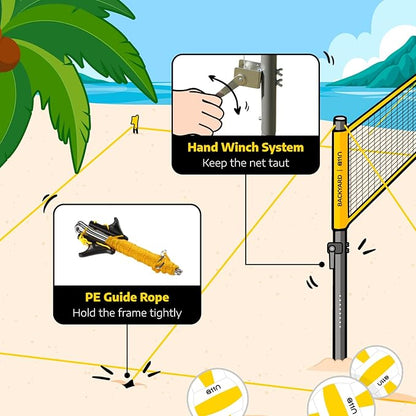 A11N Outdoor Volleyball and Badminton Combo Set - Includes Adjustable Height Anti-Sag Net, Volleyball, Air Pump, 4 Badminton Rackets, 2 Shuttlecocks, Boundary Line Marker, and Carrying Bag