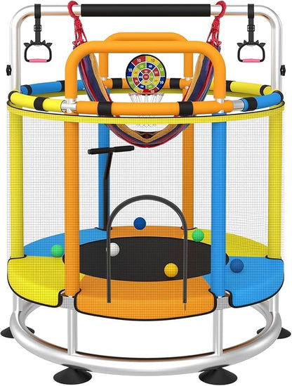 Trampoline for Kids, Full Anti-Rust 440lbs Anti-Rollover Round Bottom Toddler Trampoline, T-handrail Adjustable Baby Toddler Trampolines Dart Board