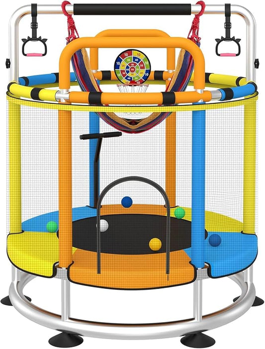 Trampoline for Kids, Full Anti-Rust 440lbs Anti-Rollover Round Bottom Toddler Trampoline, T-handrail Adjustable Baby Toddler Trampolines Dart Board