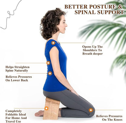 Meditation Bench with Cushion Foldable Ergonomic Bamboo Kneeling Stool Seiza Bench Wooden Meditation Stool Chair Zen Lotus Yoga Stool Floor Sitting Prayer Bench Removable Pillow