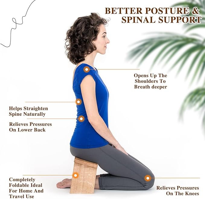 Meditation Bench with Cushion Foldable Ergonomic Bamboo Kneeling Stool Seiza Bench Wooden Meditation Stool Chair Zen Lotus Yoga Stool Floor Sitting Prayer Bench Removable Pillow