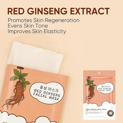 10Pack Sheet Face Masks Skincare for All Skin Types, Moisturizing Hydrating Facial Masks Suitable for Sensitive Skin, Red Ginseng Face Masks for Wrinkles, Fine-Lines, Firmness and Elasticity