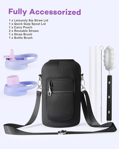 64 oz Water Bottle Insulated with Handle and Carry Pouch, Half Gallon Stainless Steel Water Bottles Mug with Straw Lid Spout Lid,Reusable Metal Tumbler Jug Flask Cup,Keep Cold & Hot,Purple