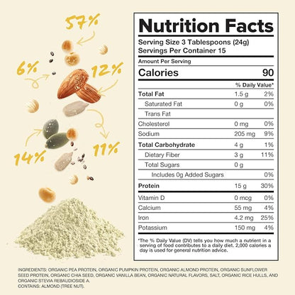Complement Organic Vanilla Vegan Protein Powder (15 Servings) Low Carb, Low Calorie, Sugar Free, Soy Free, Non-GMO, Gluten Free, Non Dairy- Yellow Pea, Pumpkin Seed- 15g Plant Based Protein Powder